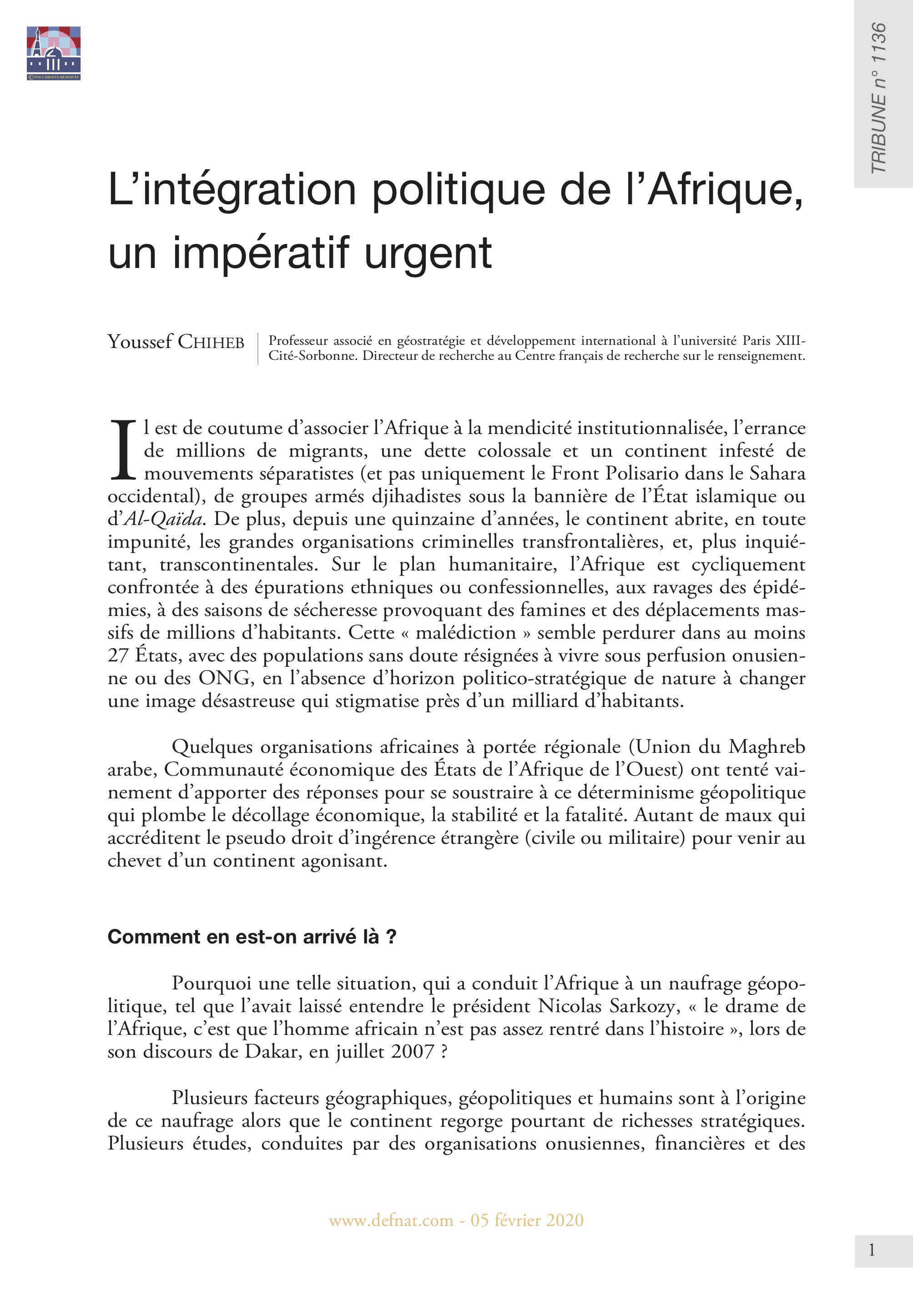 L’intégration politique de l’Afrique, un impératif urgent (T 1136)
